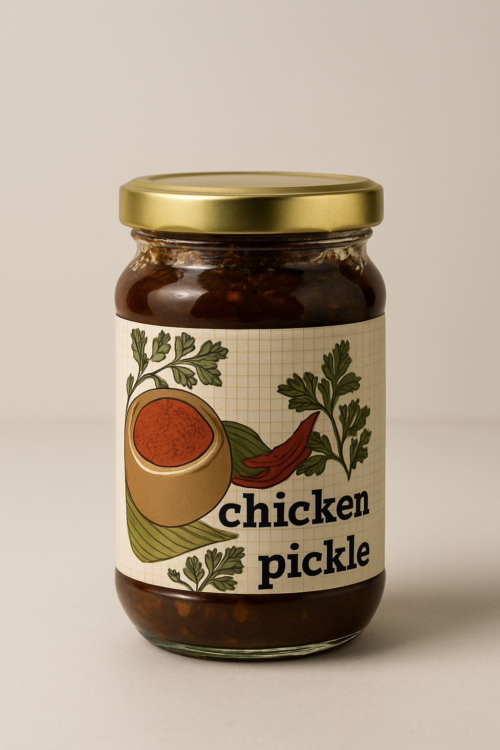 Jar of chicken pickle with decorative label on a beige background