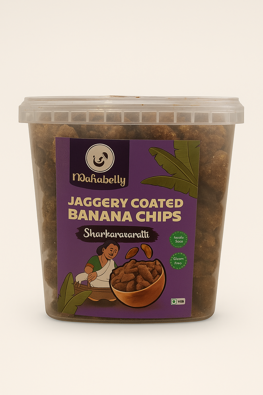 Container of jaggery coated banana chips with a purple label on a white background