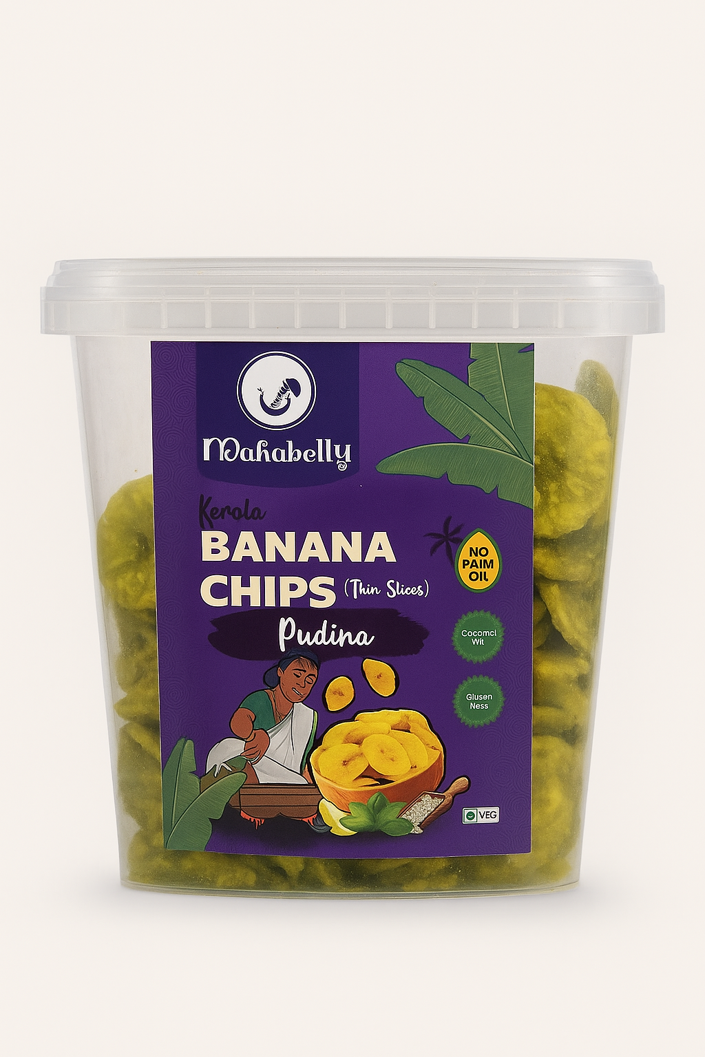 Container of Pudina banana chips with a purple label on a white background