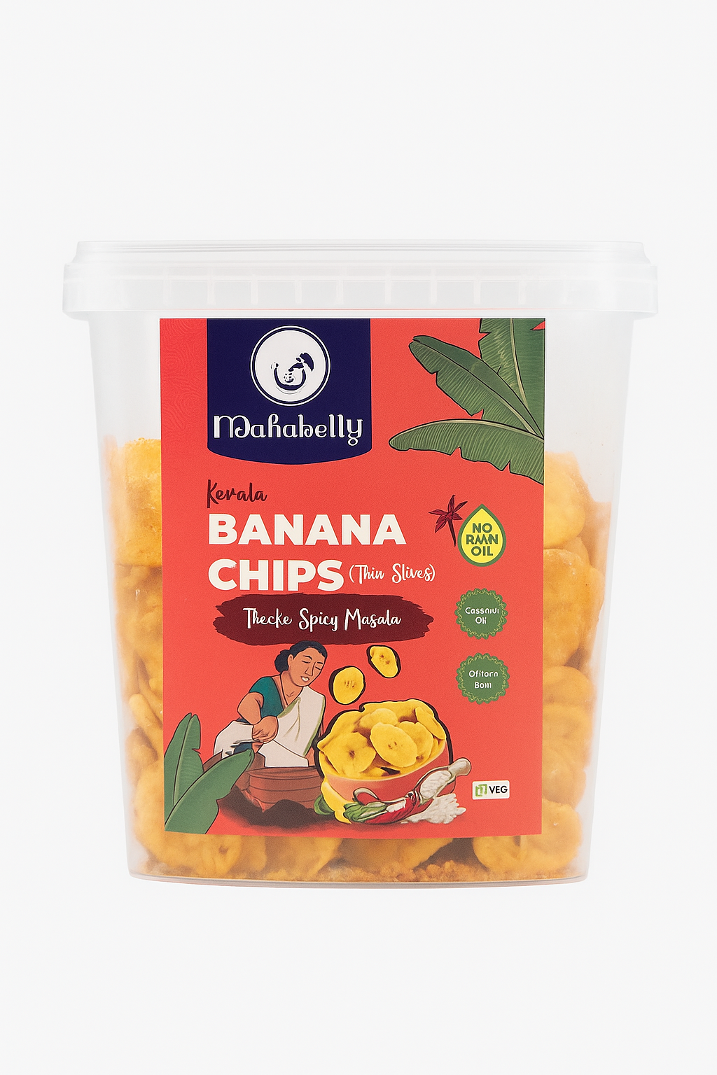 Packaged Spicy banana chips with a colorful label on a white background